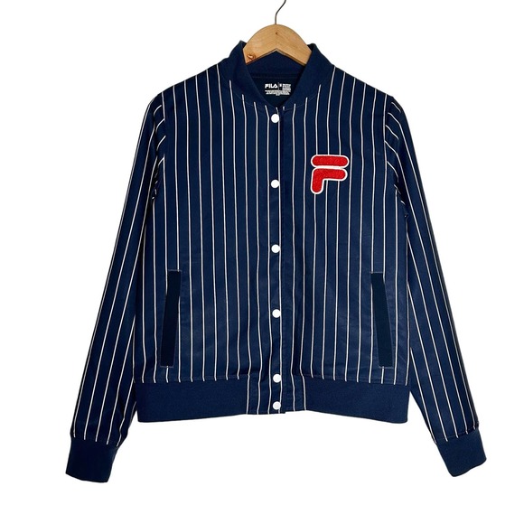 FILA Jackets & Blazers - Fila | Women | Navy Blue Pinstripe Snap Button Baseball Track Jacket | Medium